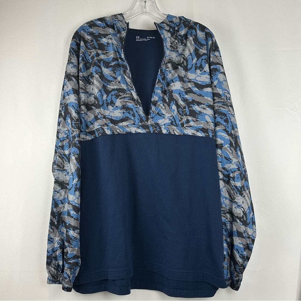 Under Armour Camo Blue Black Gray Long Sleeve 1/2 Zip Hoodie Pullover Men XL EUC